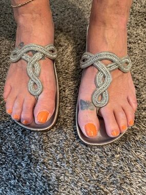 A. Giannetti Silver Beaded T-Strap Sandals with Orange Accents